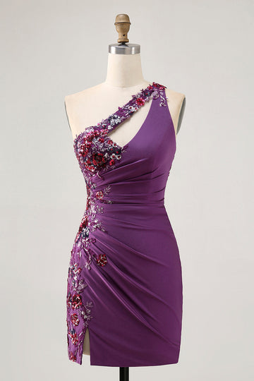 Dark Purple One Shoulder Sequin Bodycon Homecoming Dress with Slit